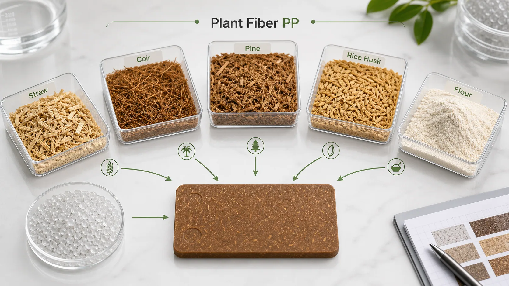 Plant fiber PP composite cover showing pine, coir, straw, rice husk, wheat flour, PP pellets and a molded sample plaque