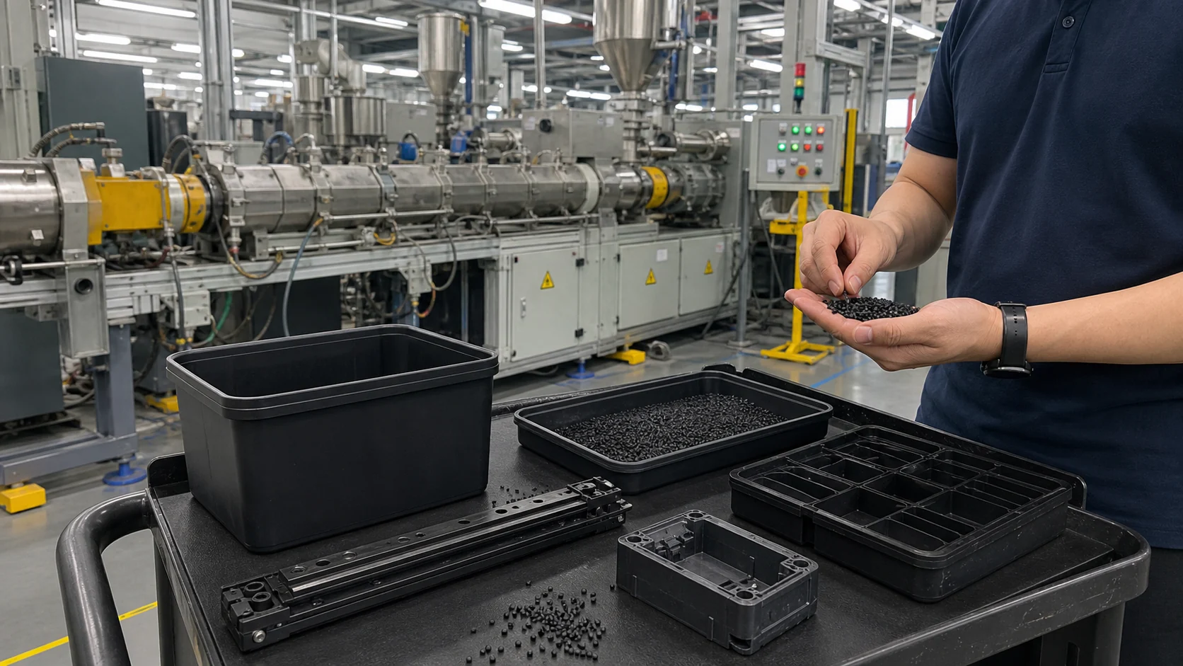 Engineer checking CNT-modified plastic pellets and molded POM and PP samples beside a twin-screw extrusion line in a real compounding workshop