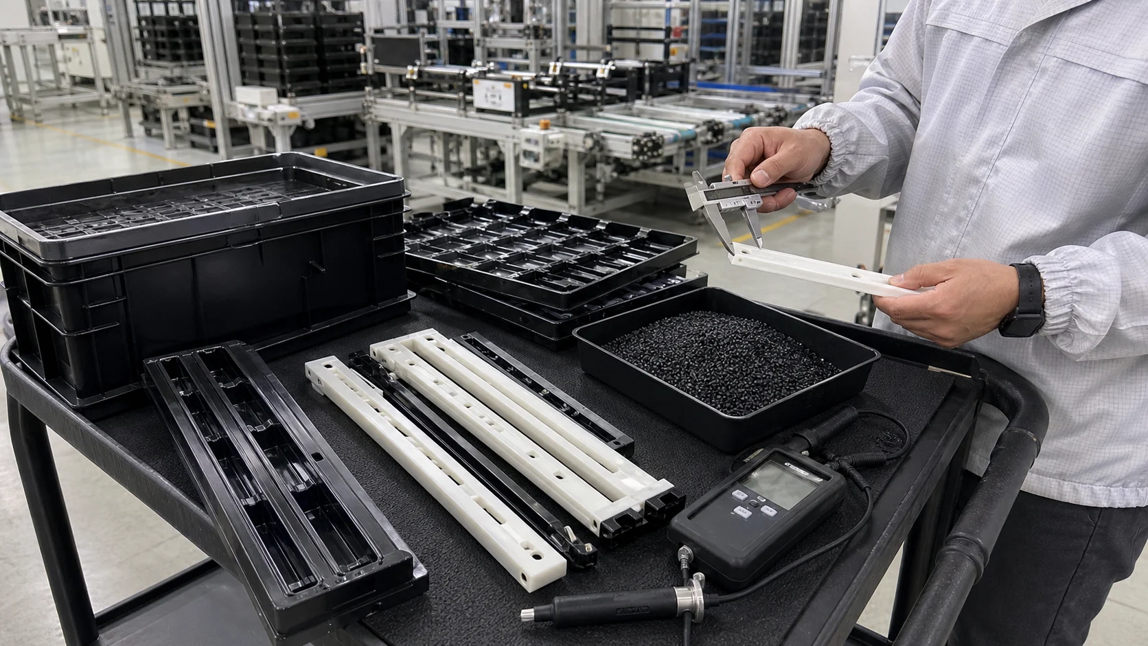 Customer validation cart with CNT-modified POM guide slides, conductive PP trays, antistatic SMT trays and HDPE safety container samples