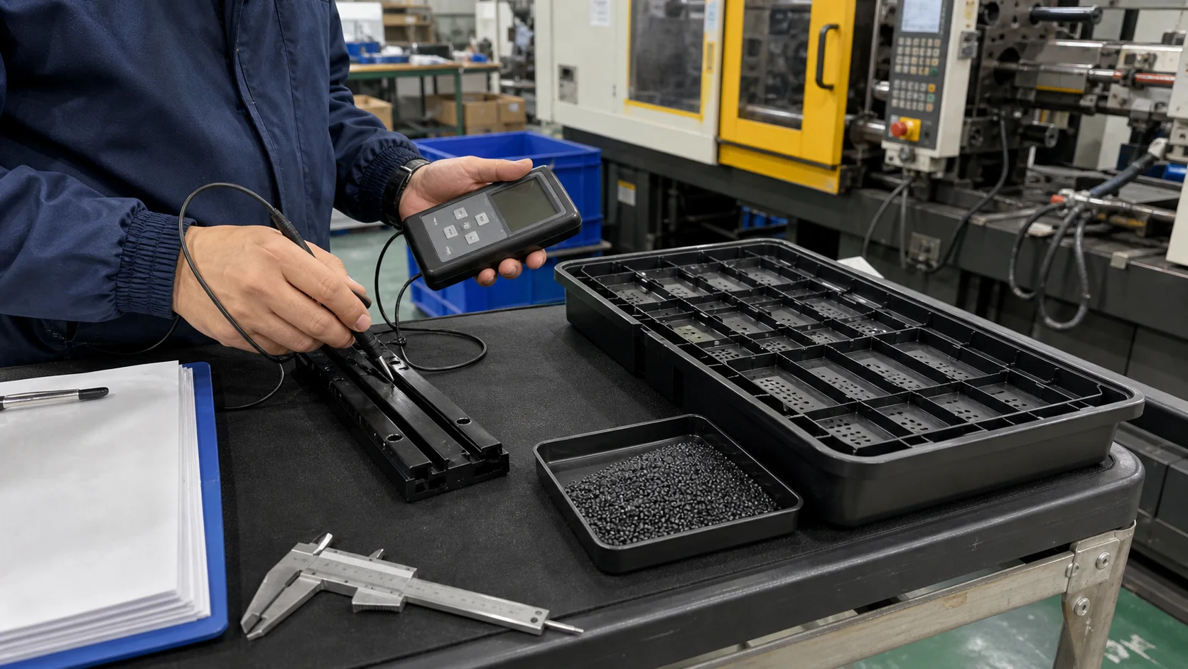 Factory validation of CNT-dispersed conductive POM and PP parts using a surface resistance meter near an injection molding trial area
