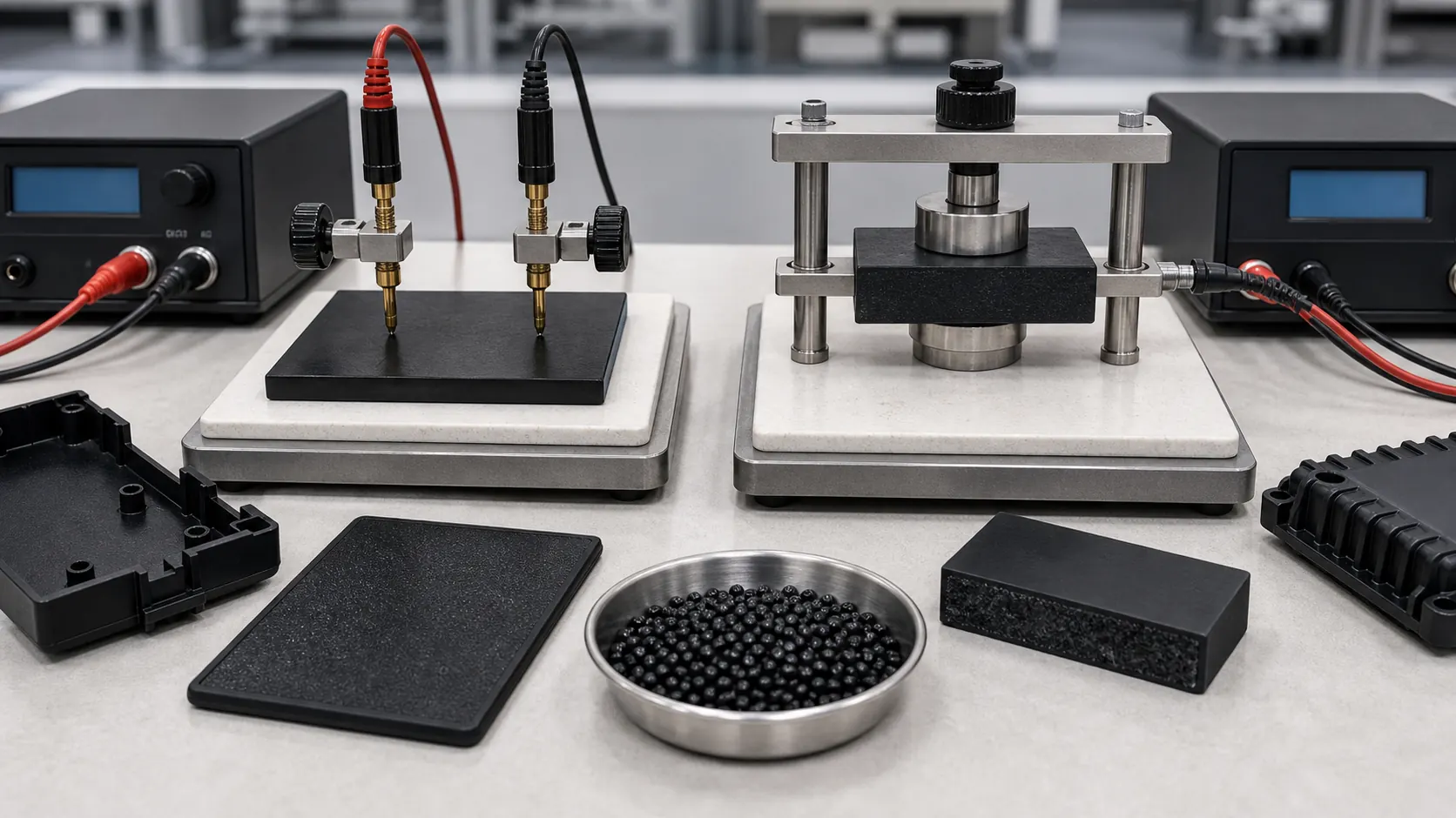 Surface resistance and volume resistance test stations with conductive plastic plaques electrodes and molded samples