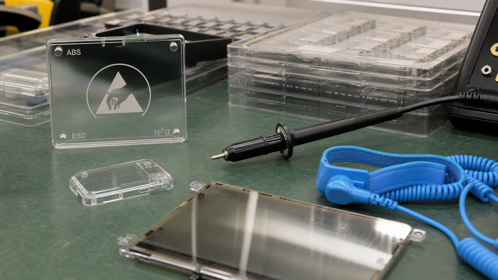 Transparent antistatic ABS trays, clear electronic covers and ESD testing on a real electronics workbench