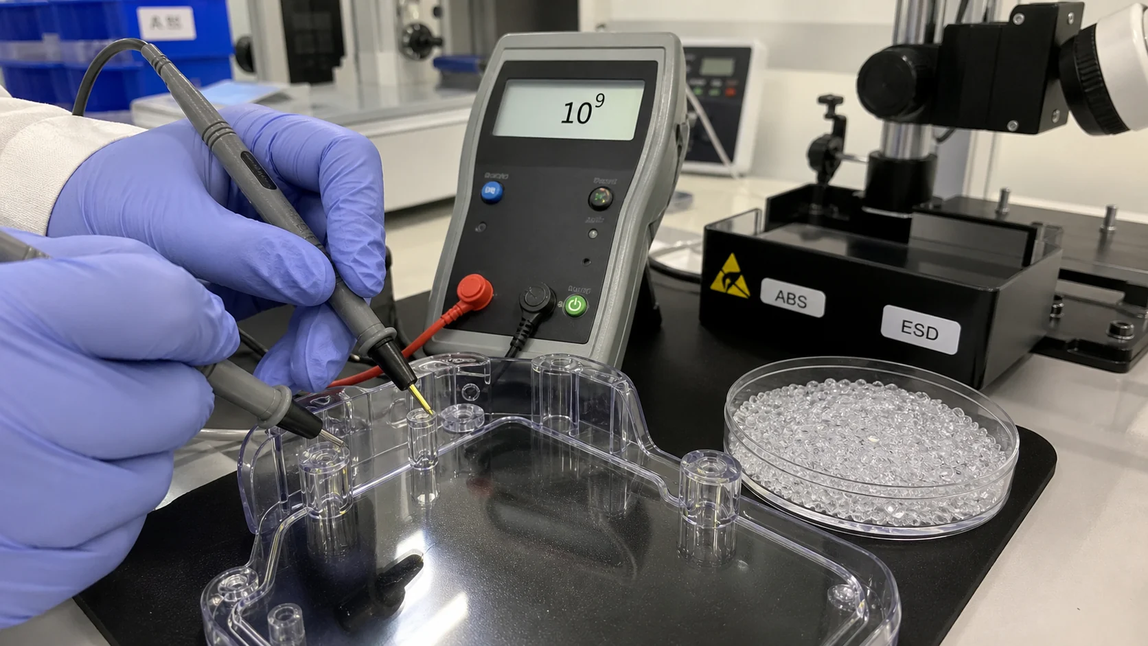 Surface-resistance validation of a transparent antistatic ABS molded cover with clear pellets and ESD test equipment.