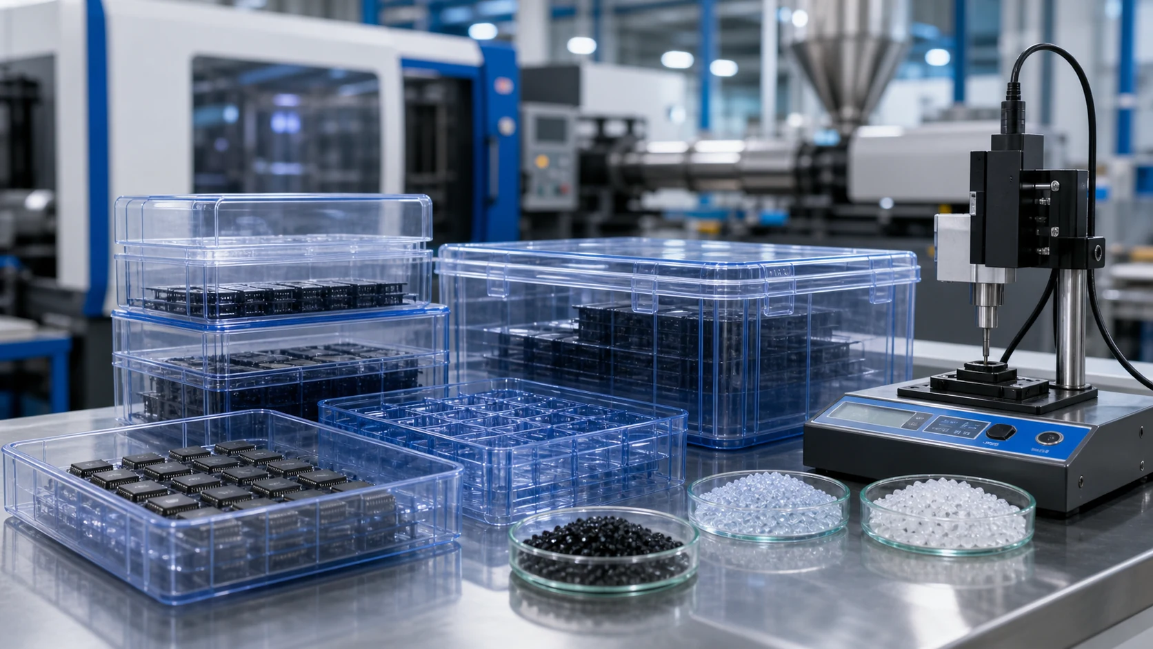 Transparent antistatic ABS packaging boxes, mold cavity, drying hopper and ESD testing probe for injection molding process control