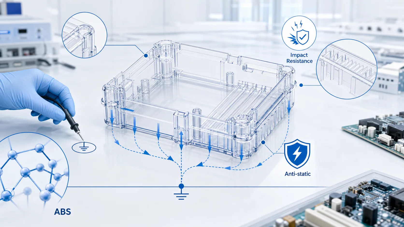 Blue white laboratory style illustration for transparent anti-static ABS parts