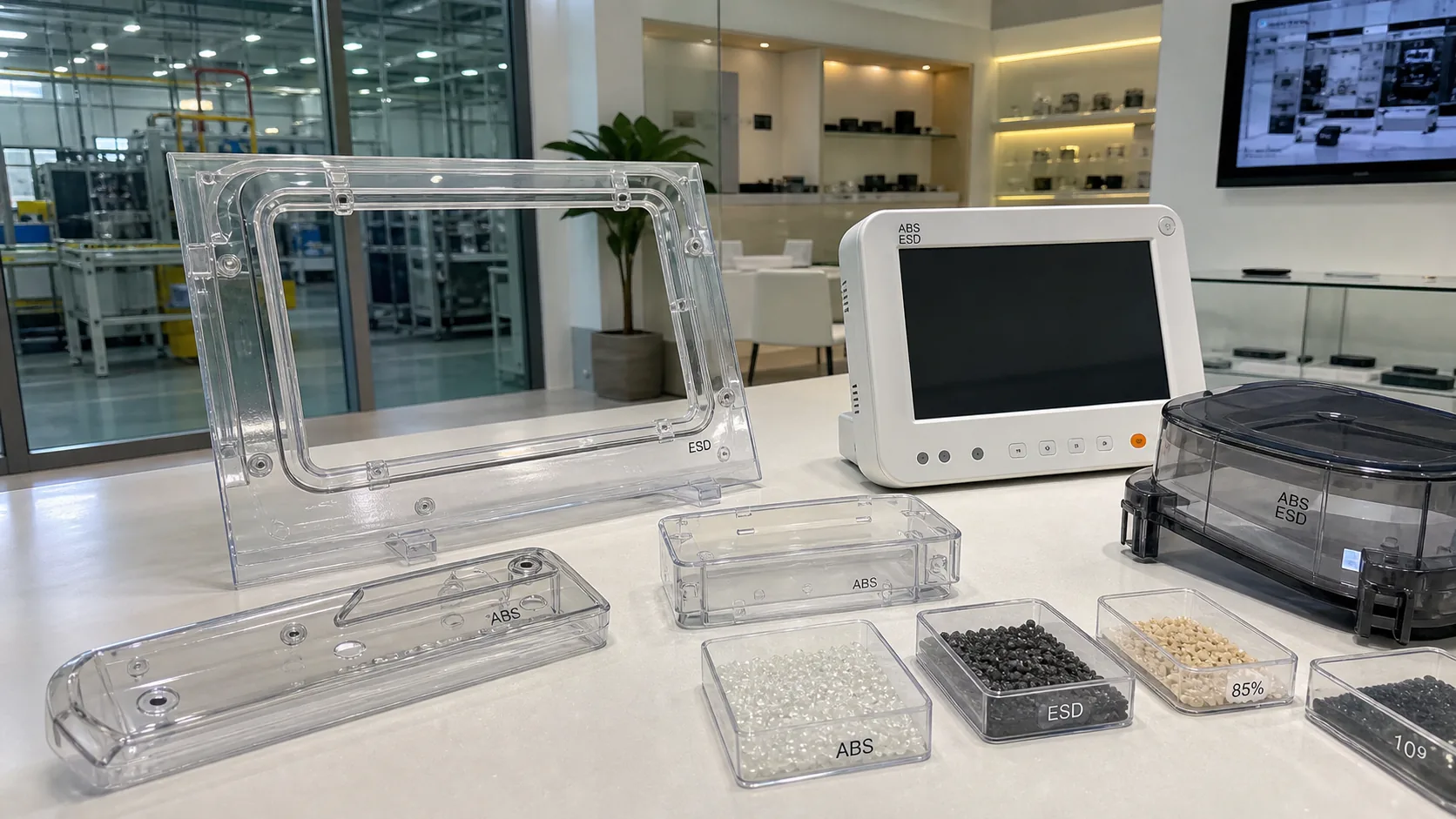 Transparent antistatic ABS application samples displayed in a real factory showroom without handheld resistance testing equipment