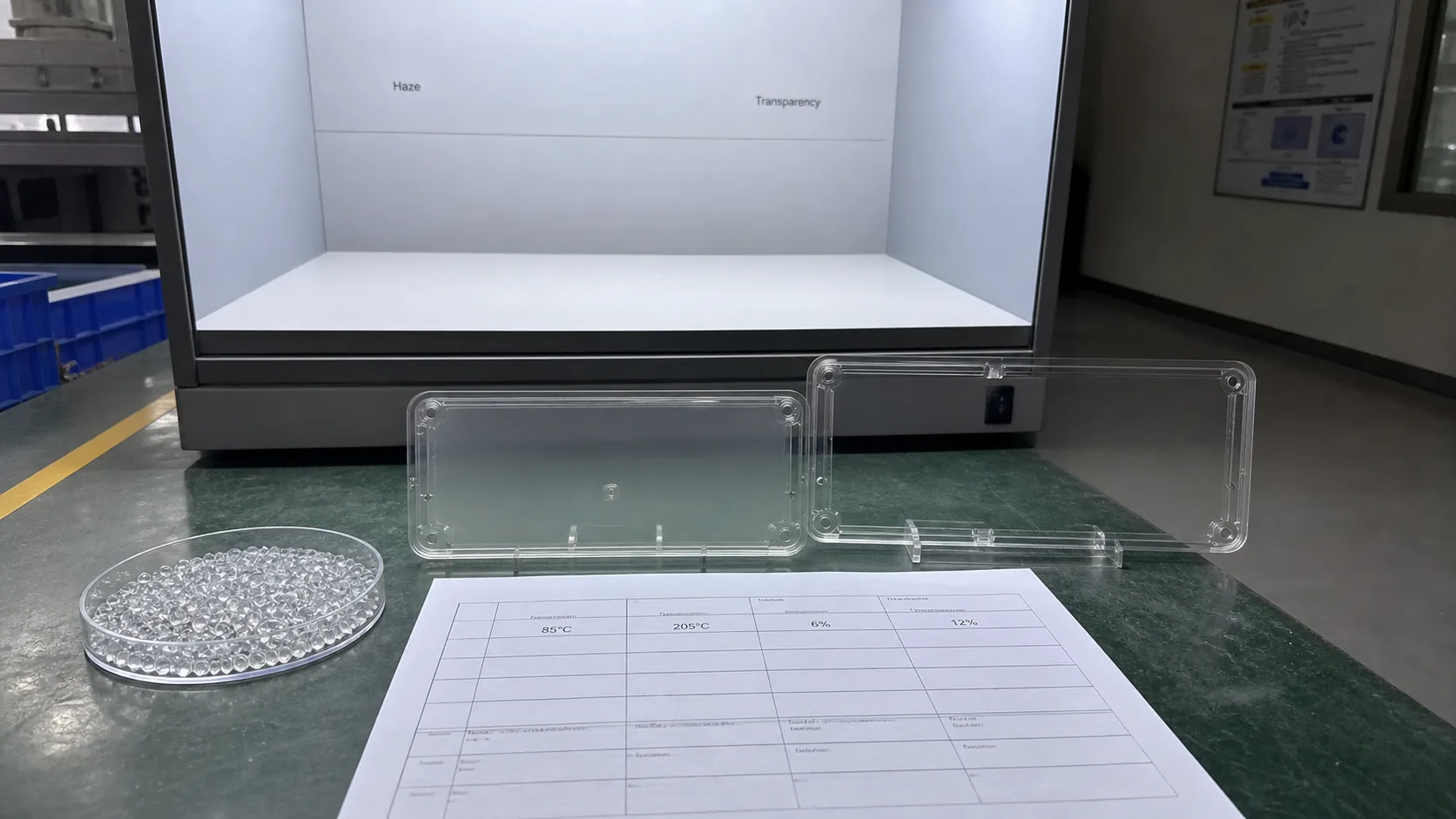 Haze and transparency comparison during transparent antistatic ABS process tuning.