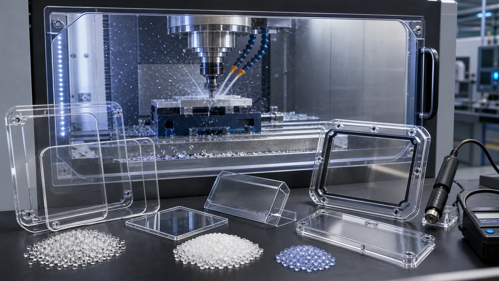 Transparent anti-static plastic observation windows and clear molded covers beside a CNC machine with dust and chip control testing