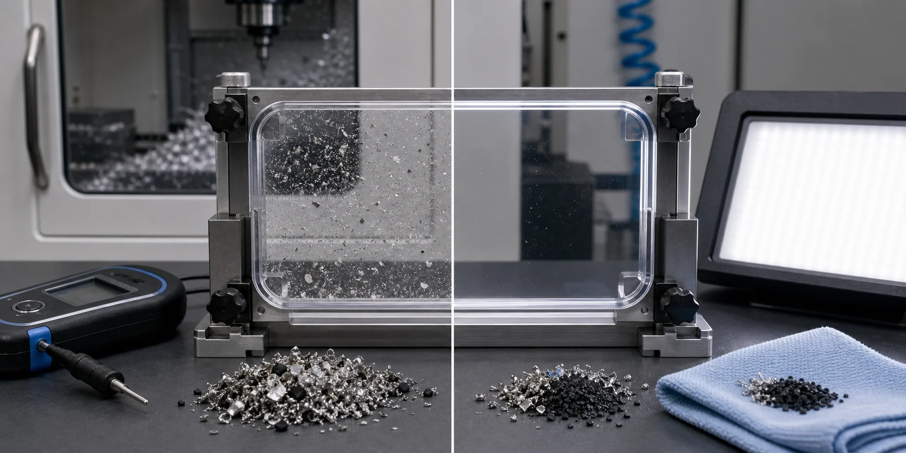Transparent anti-static observation window validation comparing dust and chip adhesion before and after material adjustment