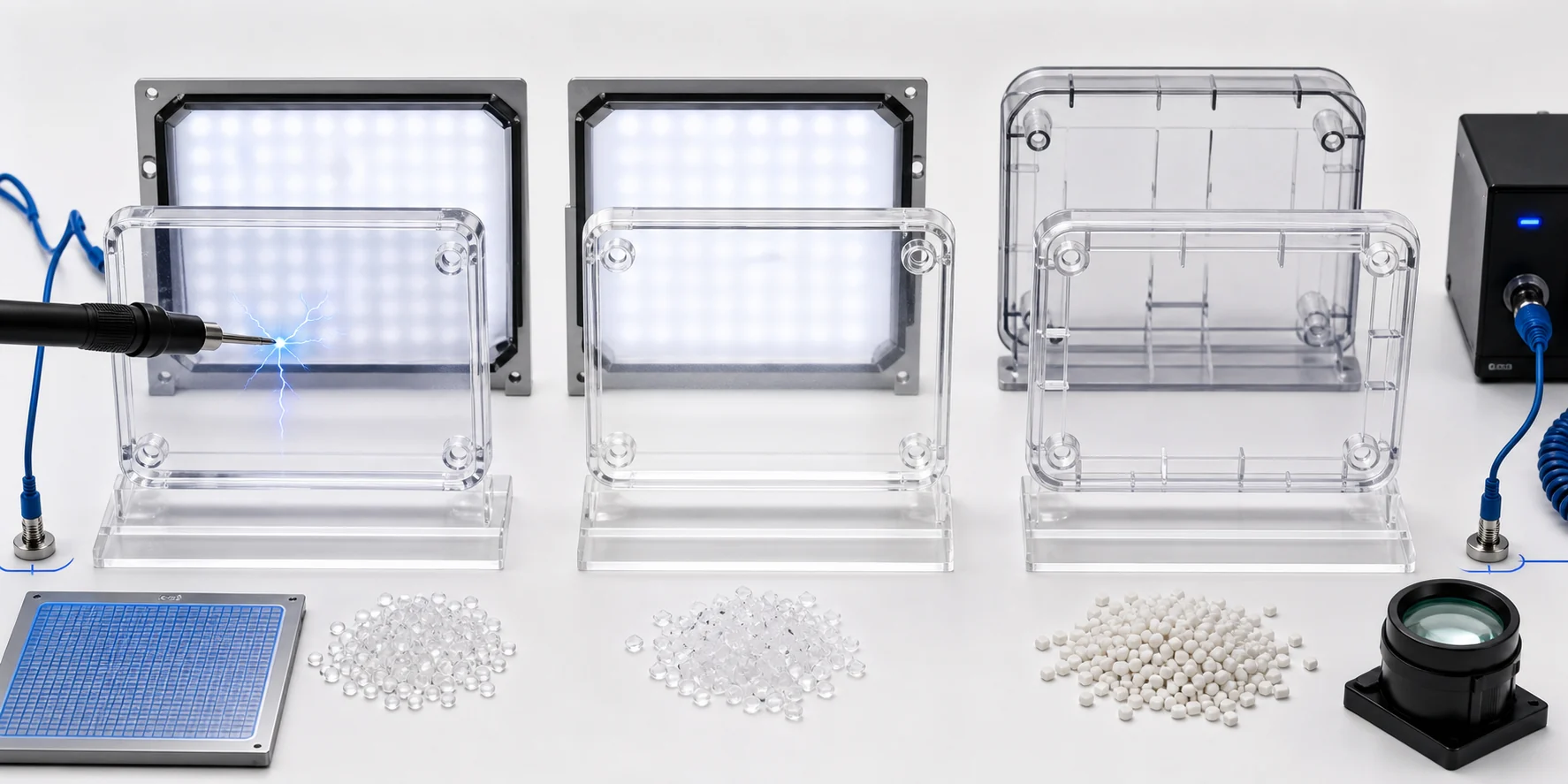 Transparent anti-static ABS PMMA and PC material route comparison with ESD probe and optical light panel