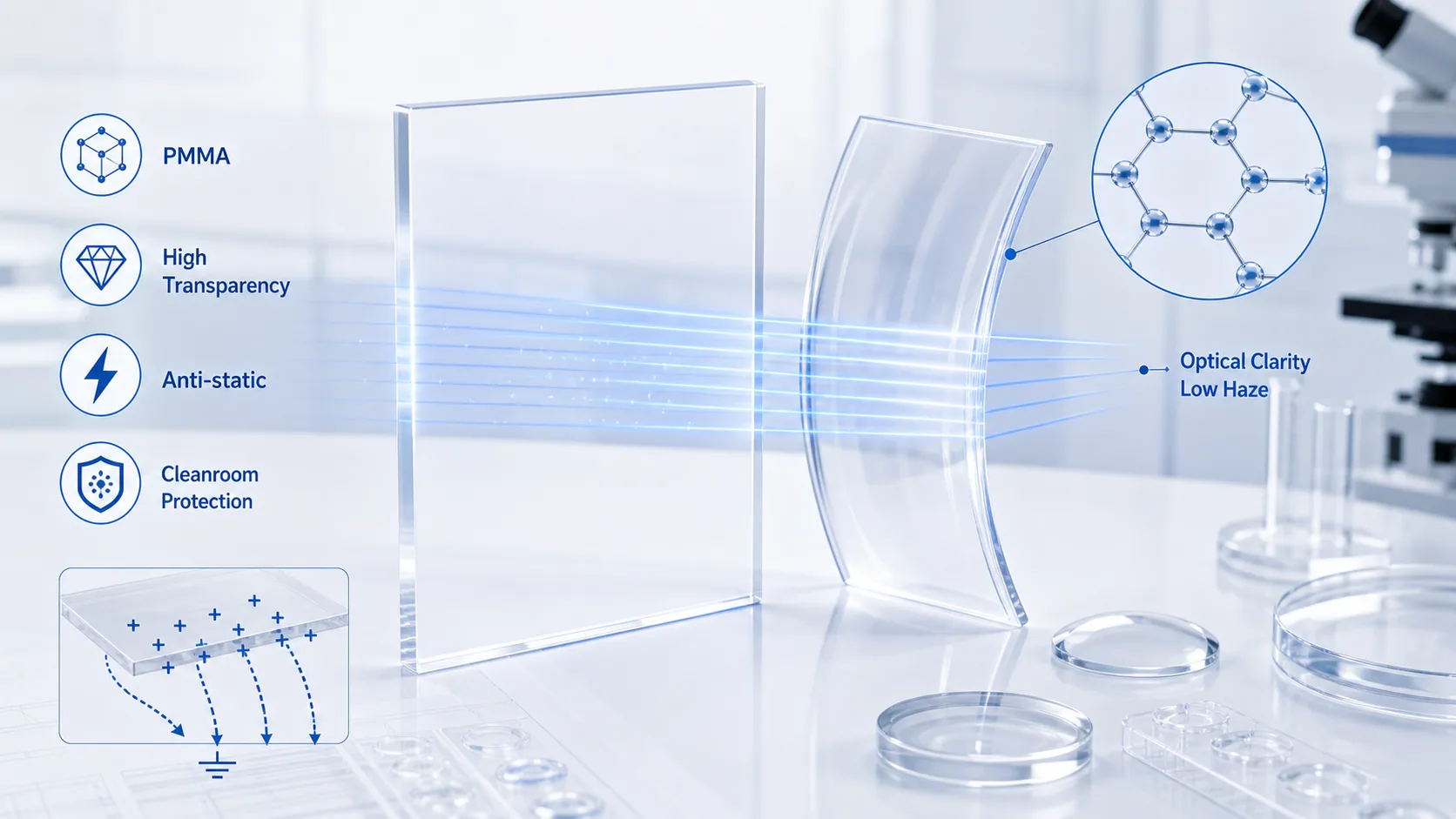 Blue white laboratory style illustration for transparent anti-static PMMA