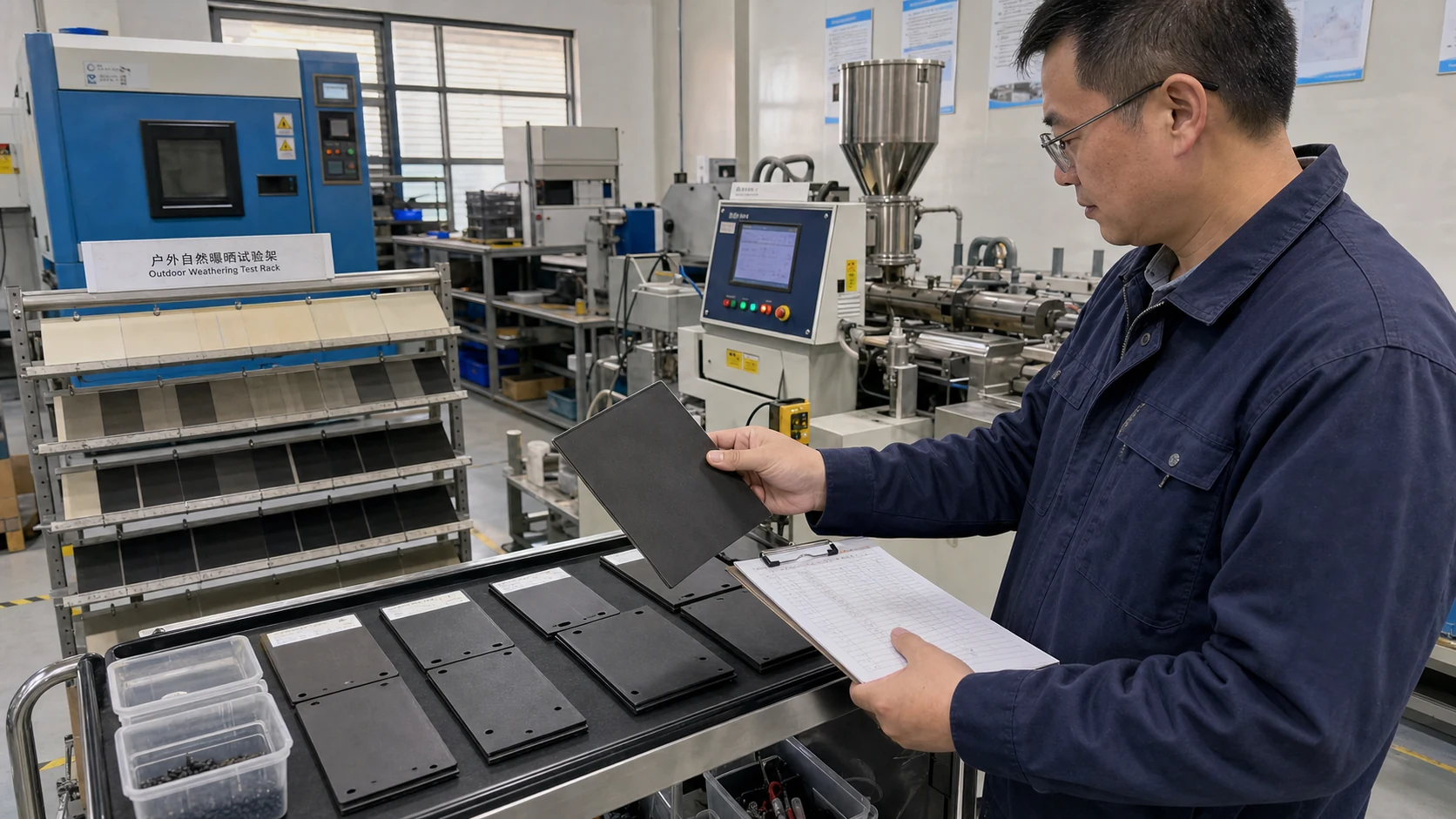 Real compounding technical meeting with weather-resistant plastic samples, UV stabilization notes and outdoor exposure data reviewed on a table
