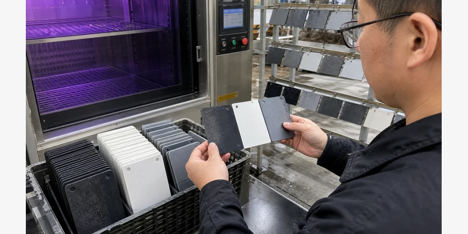 Close-up of weathering test records and molded plastic samples used to evaluate UV absorber and HALS stabilization packages