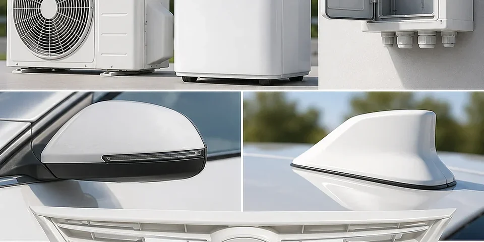 Real DGK-ABS R165UV outdoor weather-resistant ABS application image showing appliance housings outdoor electrical boxes and exterior plastic parts