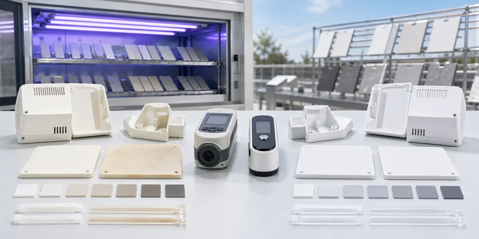 ASA and UV-modified ABS aging validation bench with weathering chamber colorimeter gloss meter molded plaques impact bars and outdoor exposure samples