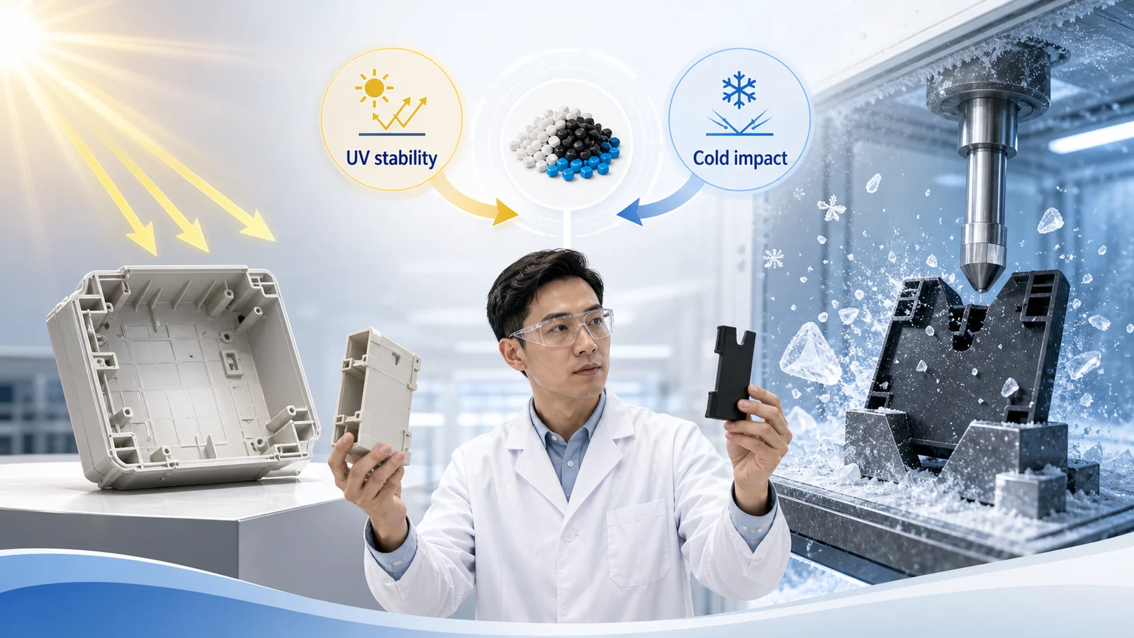 Engineer comparing UV stability and cold impact performance for outdoor low-temperature resistant plastic compounds
