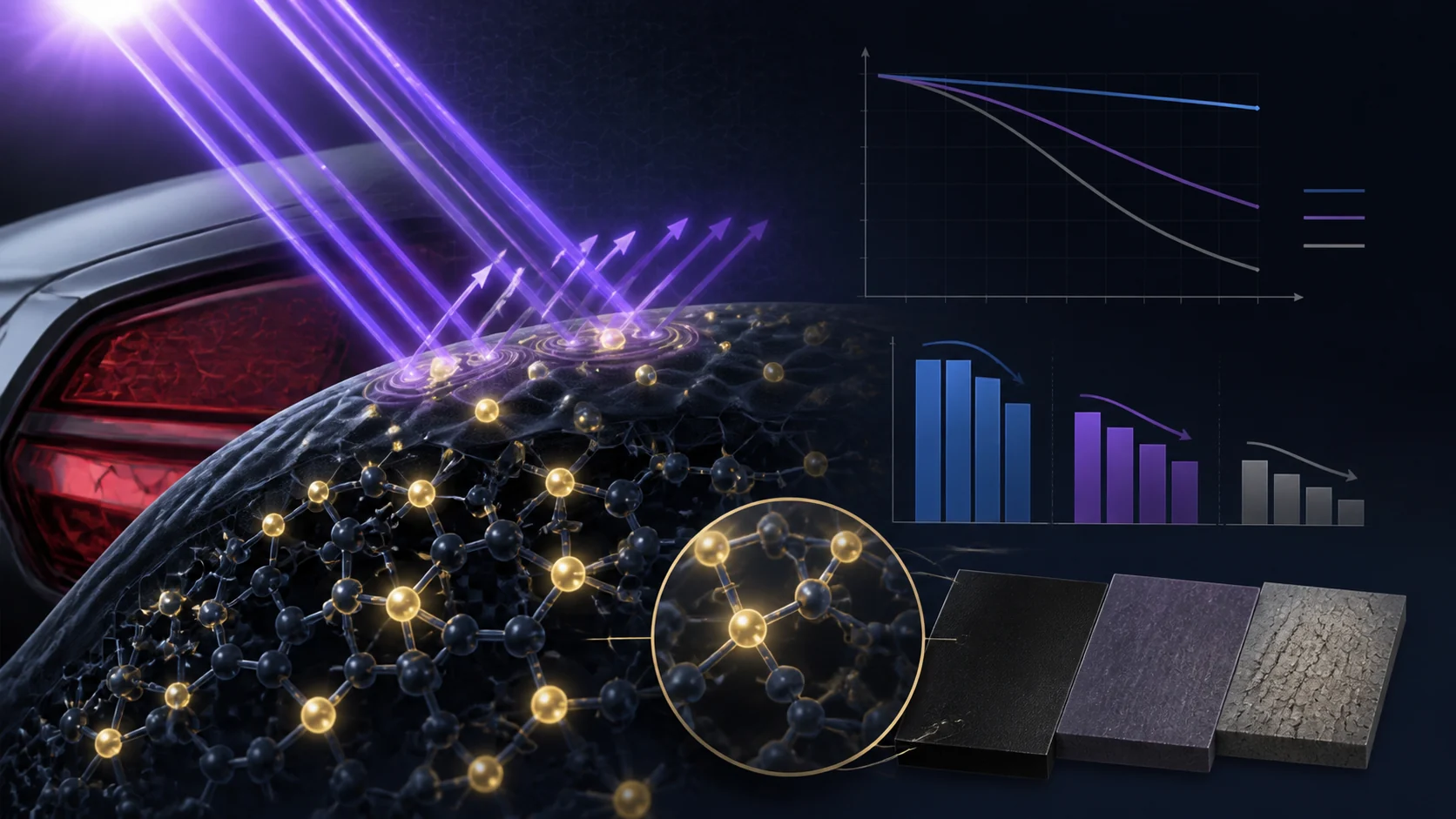 Scientific illustration showing UV exposure, stabilizer protection and aging-performance trends for automotive PC/ABS.