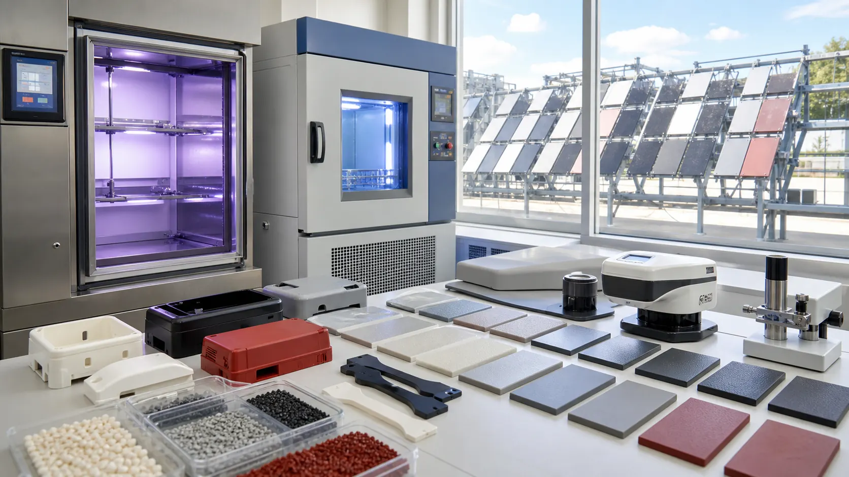 UV-resistant plastic weathering evaluation lab with xenon arc aging chamber, outdoor exposure racks, color and gloss measurement, molded plaques and polymer pellets