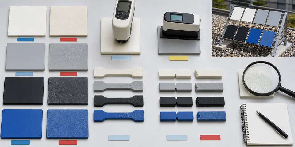 UV-resistant plastic weathering validation workflow with aged plaques, colorimeter, gloss meter, impact bars, tensile samples and outdoor exposure rack