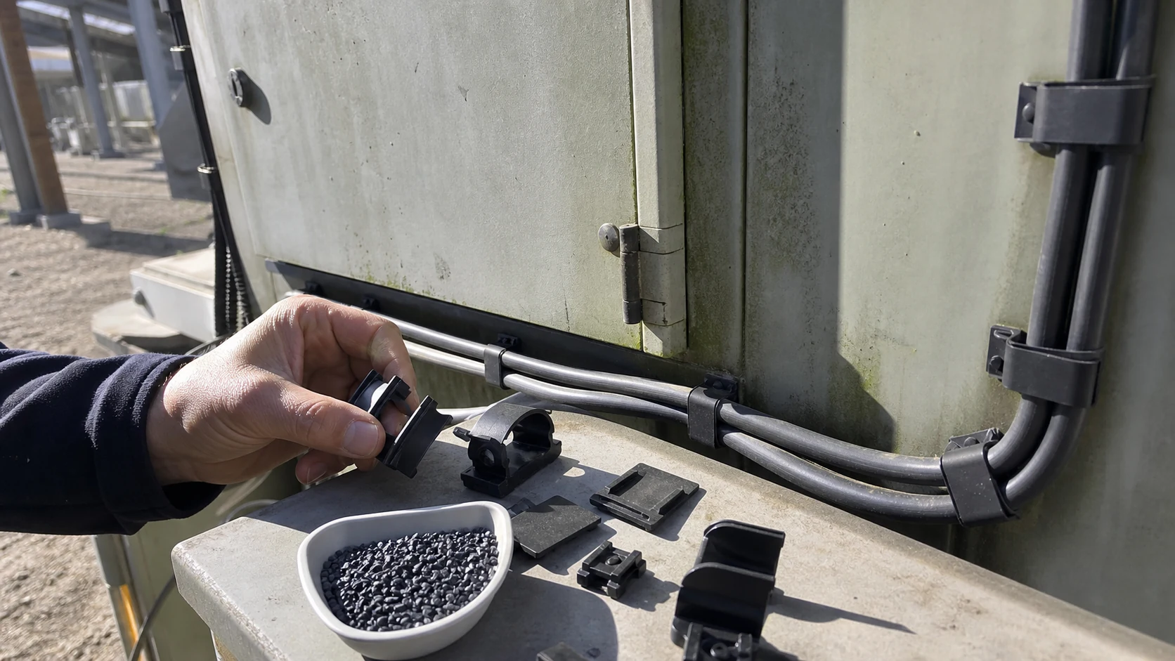 Outdoor polypropylene clips, protective covers and PP pellets inspected near an industrial utility cabinet under natural sunlight
