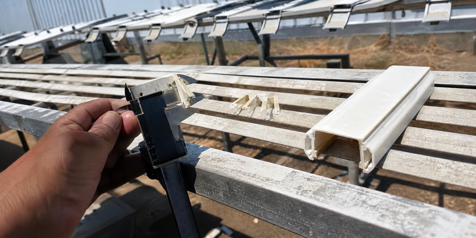 UV-resistant PP clips and covers on an outdoor weathering validation rack with sunlight exposure and inspection tools