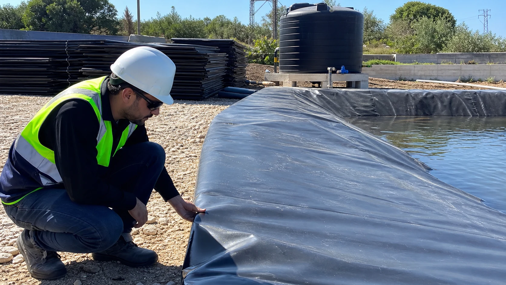 Engineer inspecting a black UV-stabilized polyethylene geomembrane liner, PE sheets and outdoor storage container in a real industrial yard