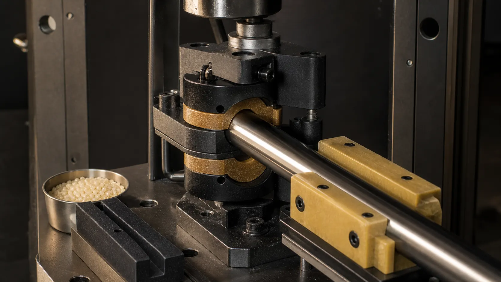 PA66 bushing and guide part wear test fixture for reinforced nylon compounds