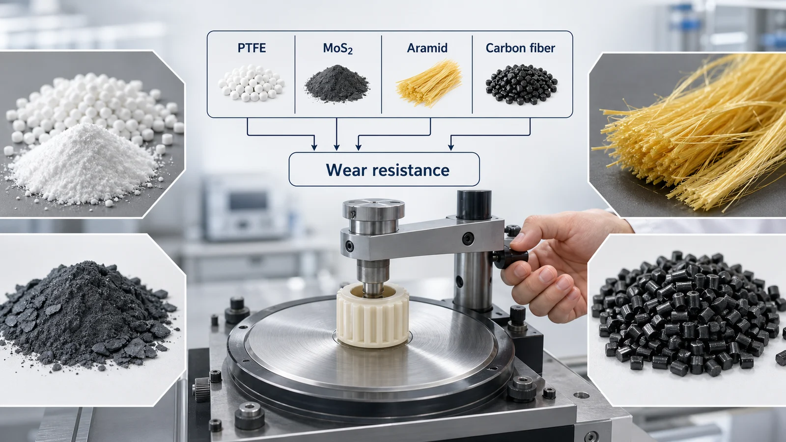 Wear-resistant plastic additive selection cover with PTFE, MoS2, aramid fiber, carbon fiber and a friction test rig