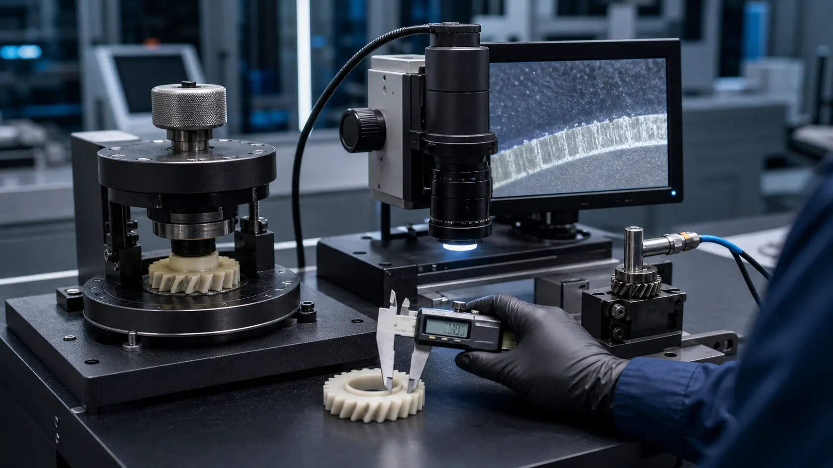 Wear-resistant plastic compound validation station with wear tester and microscope