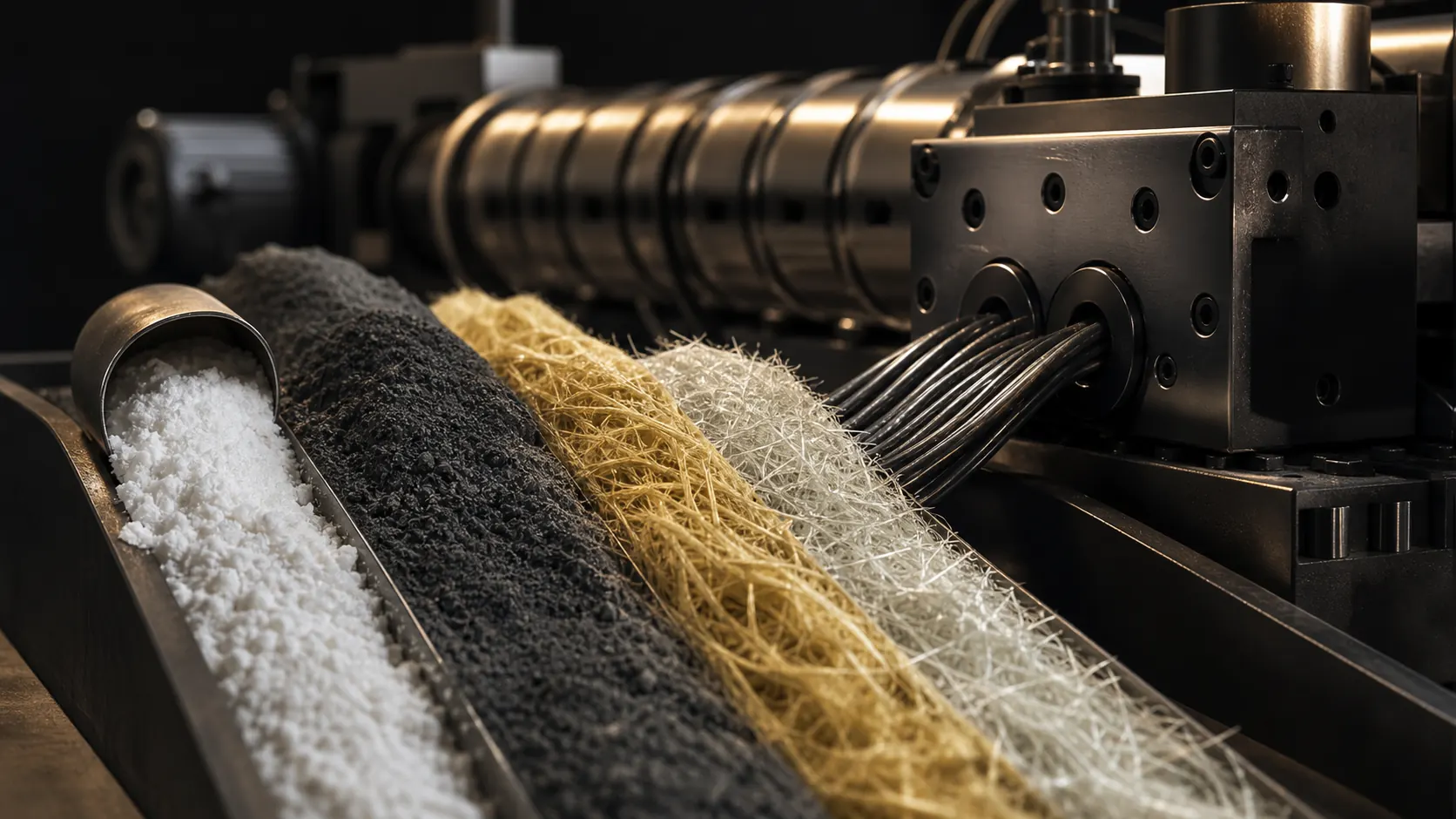 PTFE MoS2 aramid and glass fiber feeding into a plastic compounding process