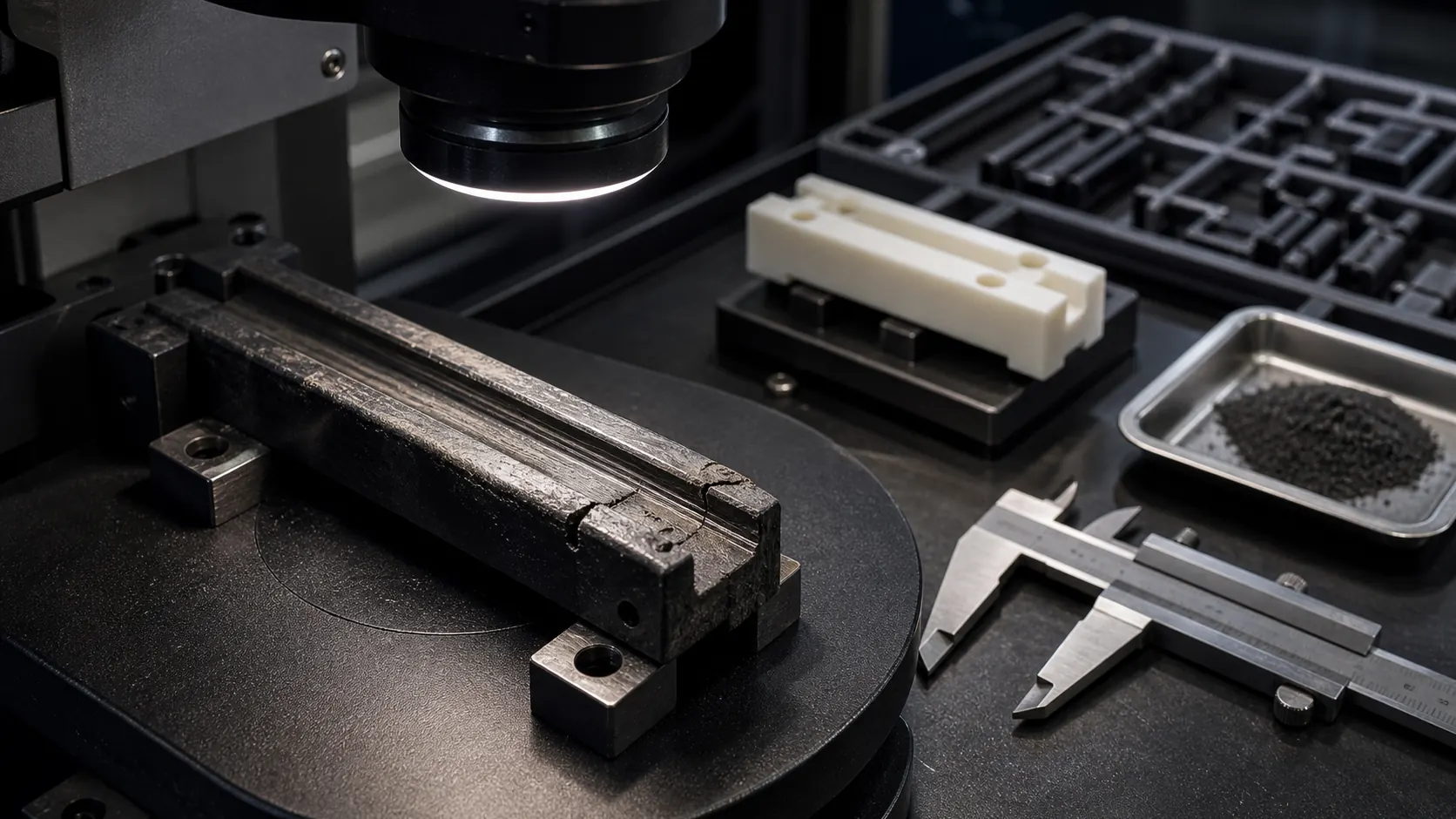 Wear-resistant plastic part failure diagnosis with wear groove and defect analysis