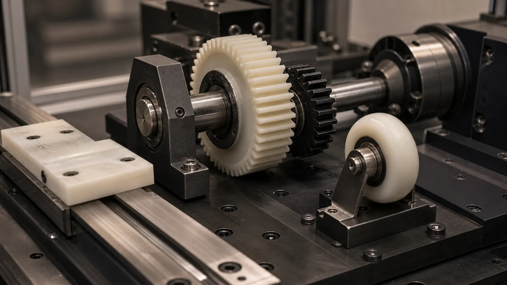 POM gears rollers and sliding blocks on a mechanical wear test fixture
