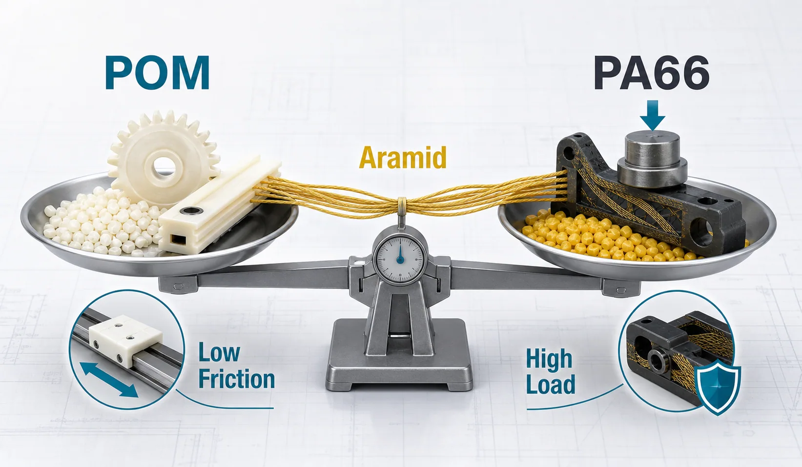 Wear-resistant POM and PA66 aramid solution cover with a material selection balance, POM gear, PA66 load part and aramid fibers