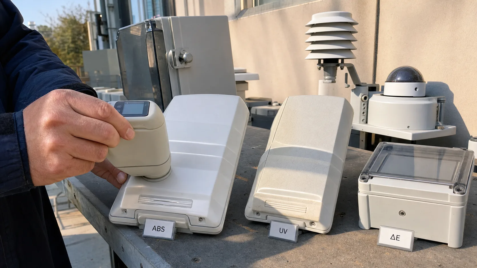 Application case for UV-stabilized ABS outdoor housings, covering yellowing, chalking, impact retention, HALS/UVA stabilization and validation data.