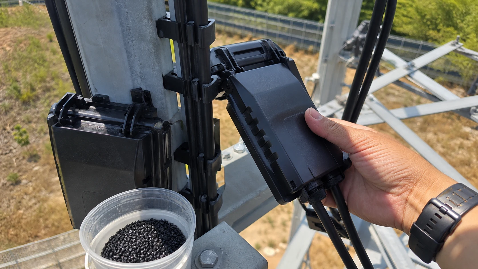 Black weather-resistant polypropylene clips and outdoor molded housings being checked on a sun-exposed industrial installation
