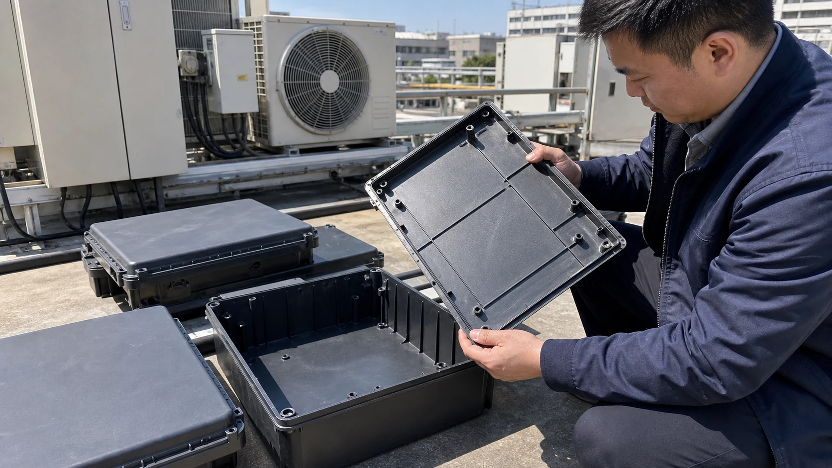 Real industrial yard with polypropylene outdoor equipment covers and molded housings inspected next to installed machinery