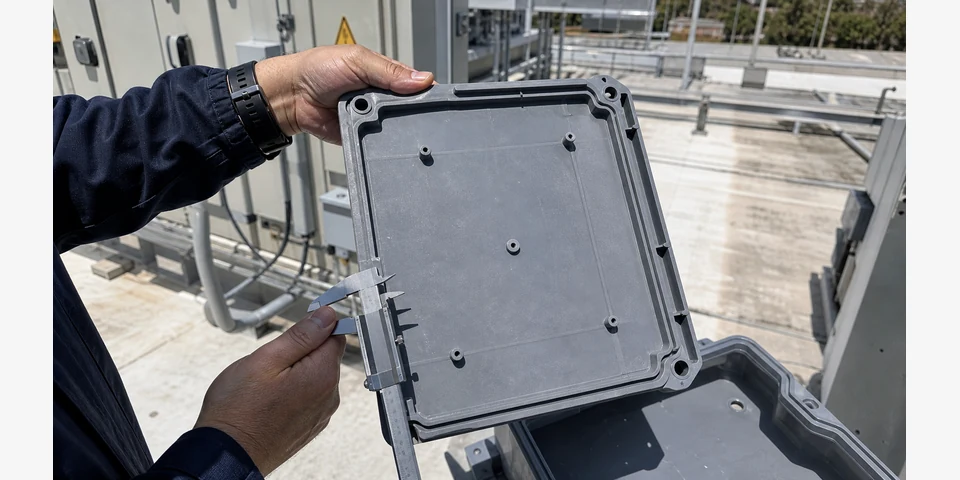Technician checking dimensional fit and surface condition of a weather-resistant PP outdoor equipment cover after UV exposure
